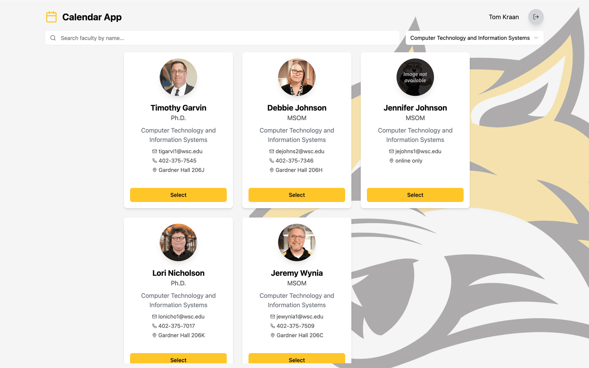faculty select screen